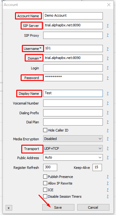 PBX extensions setup on MicroSIP - Step 3