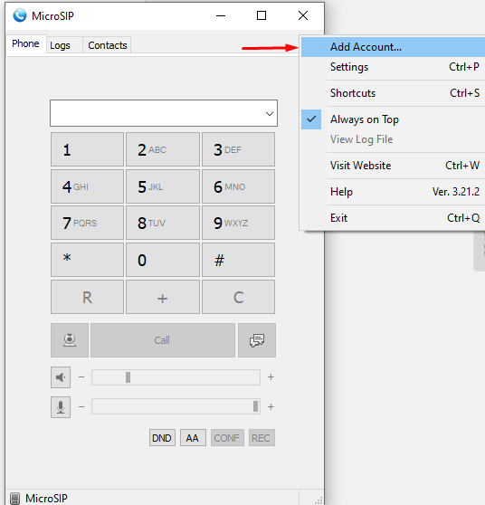 PBX extensions setup on MicroSIP - Step2