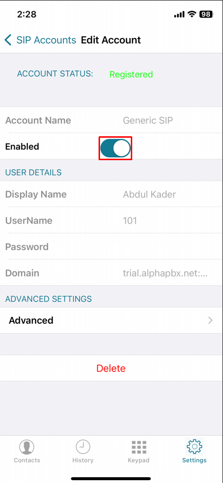 How to Set Up a PBX Service Extension Using SessionTalk Softphone for iPhone - Step 4