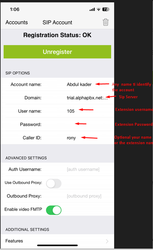 PBX Service Extension Using Zoiper Softphone for iPhone - Step 5