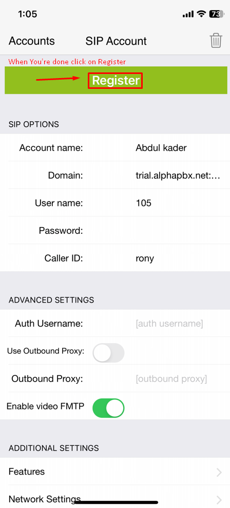 PBX Service Extension Using Zoiper Softphone for iPhone - Step 6
