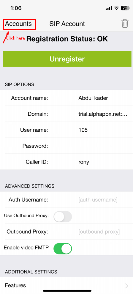 PBX Service Extension Using Zoiper Softphone for iPhone - Step 7